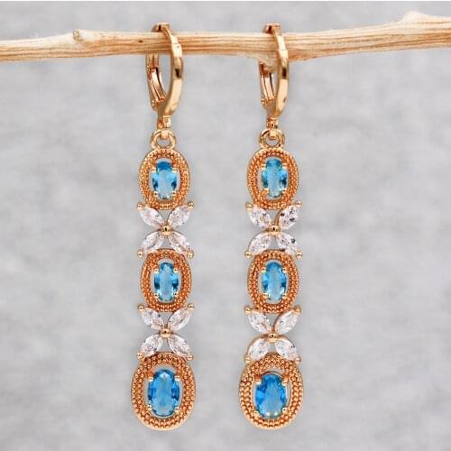 Trendy Gold Dangle Water Drop Blue Earrings Cubic Zirconia Stone For Women Girls Eardrop Fashion Jewelry Accessories Wedding Gi
