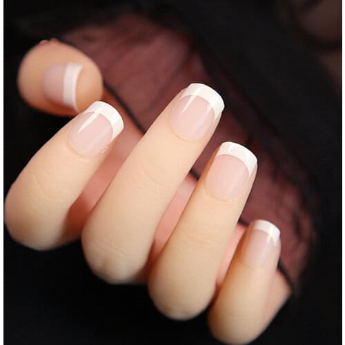 24Pcs Natural Short French Acrylic Nail Tips Full Cover Acrylic Classical French Artificial Nails for faux ongles Nail Art Salon