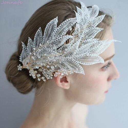 Jonnafe Charming Lace Leaf Bridal Crown Hair Jewelry Handmade Women Prom Headpiece Accessories Fashion Wedding Tiara