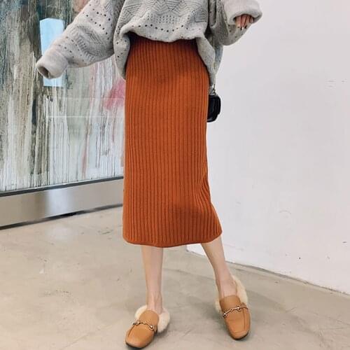 Autumn Winter Women Warm Knitted Straight Skirt Solid Fashion Pencil Skirt Female High Waist Bodycon Split Thick Stretchy Skirts