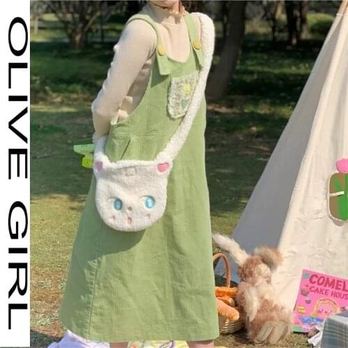 Plus Size Harajuku Corduroy Embroidery Strap Dress Korean Style Loose Green Casual Wear Spring Autumn New Simple Design Clothing