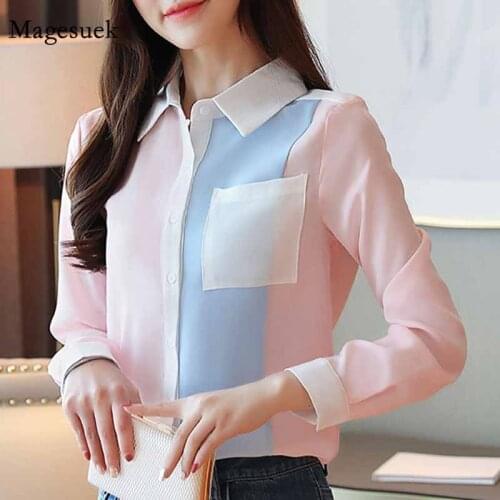 Casual Spliced Color-block OL Style Shirts Women Tops Spring Fashion Women Chiffon Blouses Long Sleeve Pocket Clothing 6196 50