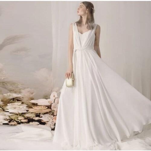 New Chiffon V-Neck Beach Wedding Evening Dress Fold Weaving Simple Lace Backless Bridesmaid Bride Dress Custom Cерьги