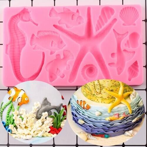Sea Animals Border Silicone Mold Seahorse Shell Conch Starfish Fondant Cake Decorating Tools Candy Clay Chocolate Gumpaste Mould