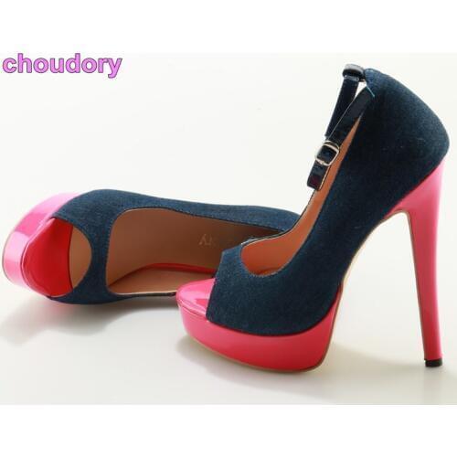 Unique Design Blue Denim Peep Toe Pumps Sweet Pink Heel Platform Women Shoes Ankle Buckle Color Patchwork Wedding Shoes Dropship