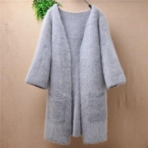 Spring New Women Coat Grey Medium Long Sleeve Large Pocket Knitted angora Rabbit Fur Sweater thick Mink Velvet Cardigan