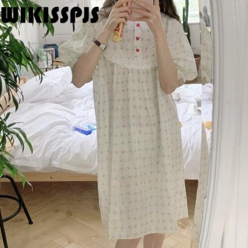 WIKISSPJS 2021 Summer New Home Wear Floral Lace Round Neck Cotton Sleeve Pajama Night Gown Cute Robe Sets