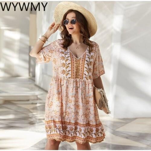 WYWMY 2021 Summer Plus Size Dress Bohemian Resort Style Floral Print Beach Party Mini Dress Female Sundress Vestidos