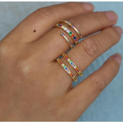 Women Gold Color Double Rings Fashion Engagement Colorful Cubic Zirconia Ring Rainbow Lover Wedding Party Jewelry Bagues Femme