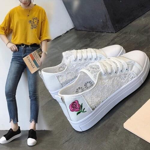 2021 New Fashion Woman Sneakers Rose Embroidery Shoes Lace Up Platform Female Breathable Mesh Canvas Casual Shoe Ladies Flats