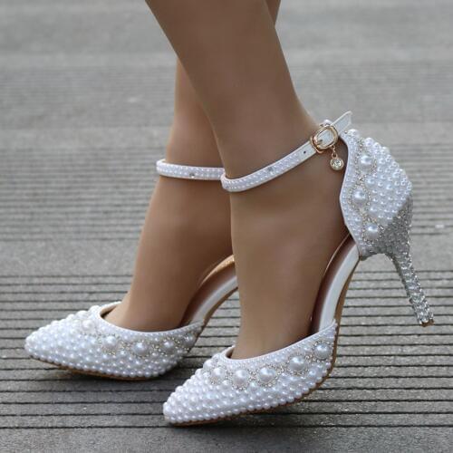 Large Size High Heels Luxury String Bead Rhinestone Wedding Shoes White Bride Party Single Shoes Elegant Womens Shoes 33,42,43