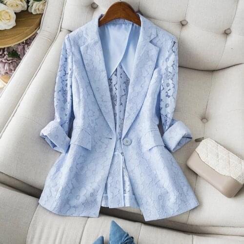 Spring Summer Lace Floral Small Suit Coat Women Plus Size Three Quarter Sleeve Single Button Fashion Slim Female Coat RE21116