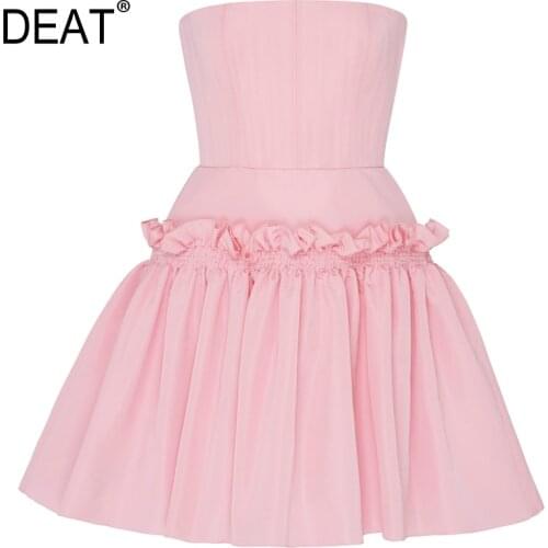 [DEAT] Women Dress New Strapless Ruffled Pleated Solid Temperament Sleeveless Loose Fit Fashion Tide Spring Summer 2021 13T946