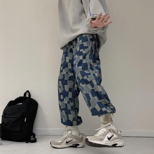 2021 Mens Blue Plaid Printing Straight Pants Baggy Retro Loose Jeans Cowboy Casual Pants Fashion Biker Denim Trousers S-2XL