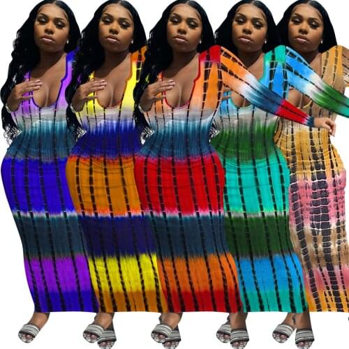 2021 Trendy Autumn New Style Corrugated Tie Dye Thread Print Slim Sexy Dress