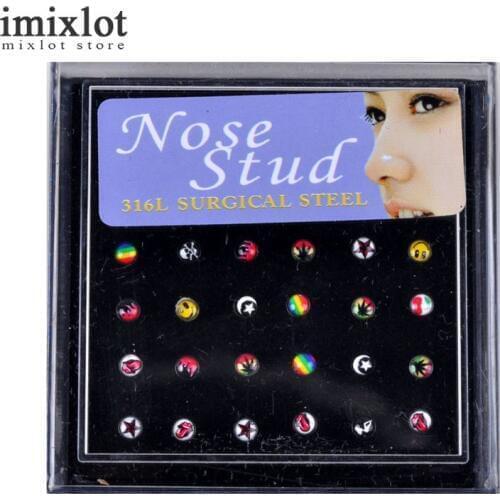 24Pcs/Set Nose Ring Fashion Body Jewelry Nose Studs Stainless Surgical Steel Nose Piercing Acrylic Stud Ring for Women Gift