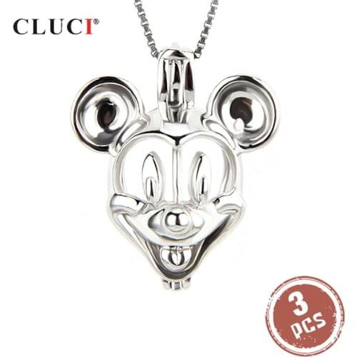 CLUCI 3pcs Silver 925 Cartoon Mouse Shaped Pearl Pendant for Necklace Women Jewelry 925 Sterling Silver Pearl Locket SC171SB