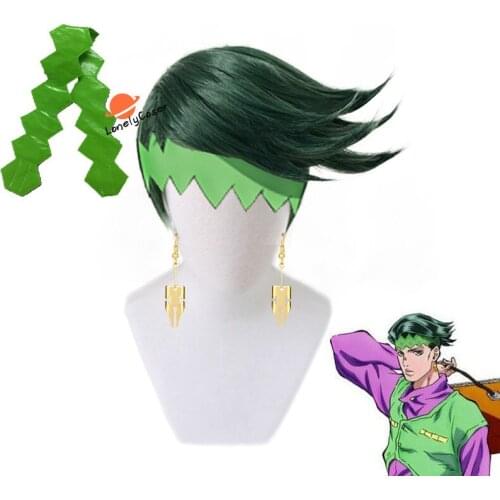 Anime JoJos Bizarre Adventure Rohan Kishibe Green Short Wig Props Headband Errings Heat-resistant Fiber Hair with Wig Cap