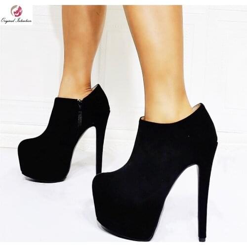 Fashion Side Zip Ankle Boots Shoes Women Round Toe Platform 16cm Thin High Heels Black Suede Ladies Short Booties Big Size 51 52