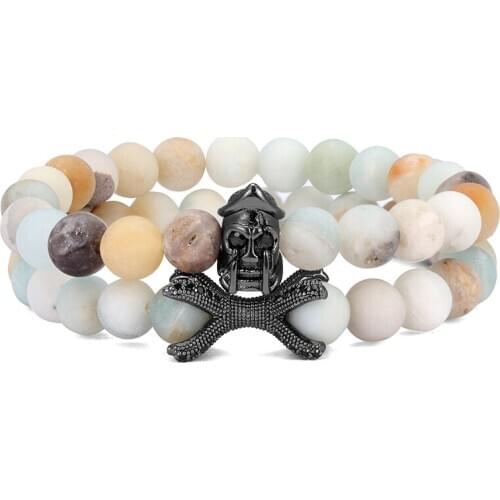 2 Pieces / Set Roman Knight Spartan Helmet Set Bracelet Natural Stone Yoga Beaded Men and Women Friends Gift Charm Chain Jewelry