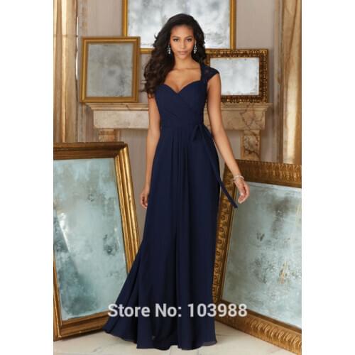 Tulle Appliqyes Long lace dark blue chiffon Bridesmaid Dresses 2016 V-neck Wedding Party Dress Free shipping