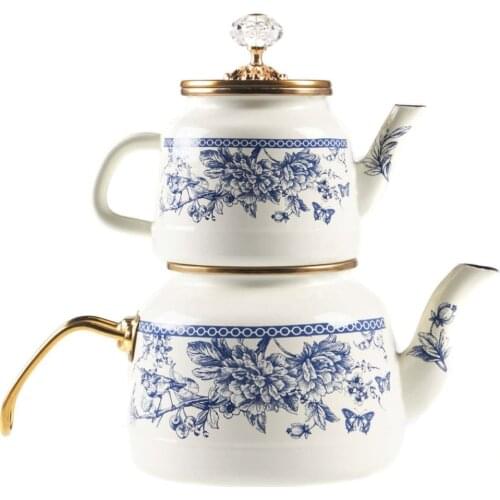 Enamel Gold Luxury Large Teapot Set White Blue flower