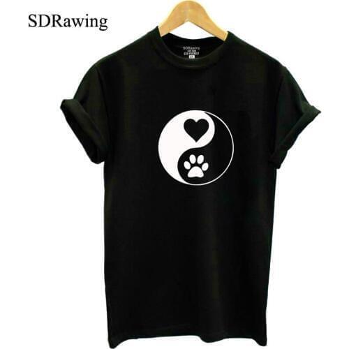 Yin Yang Love Paw Womens T shirt Cotton Graphic Tees Cat Collection New York Gift Shirts Funny Cute Cat AllDayUS cotton tops