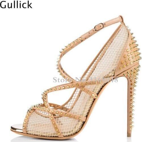Gullick Sexy Crossed Strappy Peep Toe Mesh Breathable Woman Sandals Golden Sliver Rivets Studded High Heels Ladied Dress Shoe