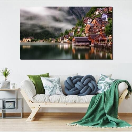 Hallstatt Fog Mountain Lake Wall Art Canvas Posters Prints Painting Wall Pictures Modern Living Room Sofa Home Decor Framework