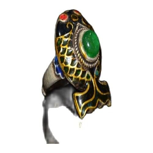 China Old Tibetan Silver Gold Fish Inlaid Ring