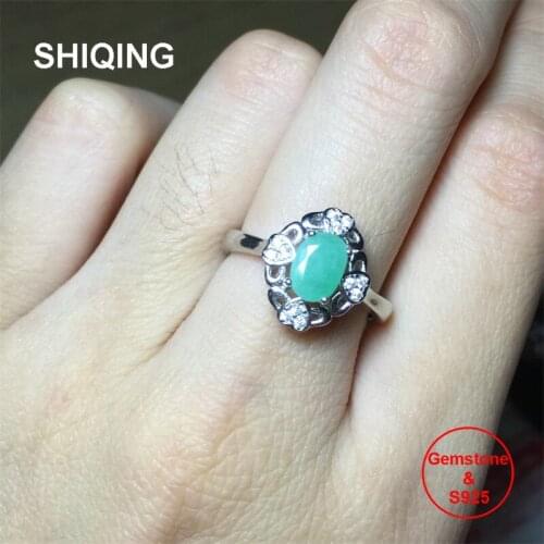 SHIQING Fine jewelry gemstone green nature emerald 925 sterling silver heart flower bridal ring for her