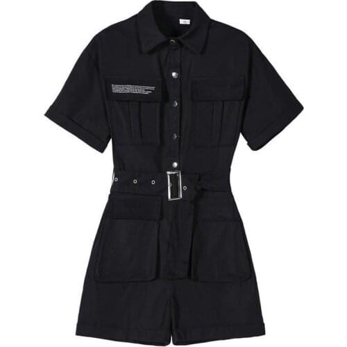 Women Short Rompers Female Fashion Button Up Wide-leg High Street Cargo Playsuits Casual High Waist Loose Black Romper