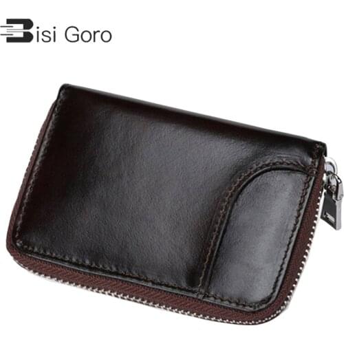 BISI GORO 2021 New Fashion Unisex Genuine Leather Zipper Credit Card Holder ID Card Holders Blocking Wallet RFID Coin Purses