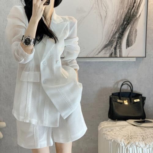 KoukiMa Hollow Out Short Sets Women Thin Suit Jacket Korean Version Luxury Embroidery Grid Solicing Suits Mujer Office Suirts