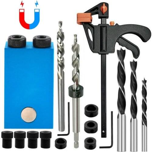 Magnetic Pocket Hole Jig Kit 6/8/10mm Angle Drill Guide Woodwoorking Tool Hole Puncher Locator Jig Drill Bit Carpentry Tools