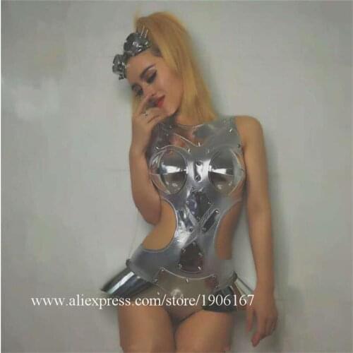 Fashion model catwalk female ballroom host dance sexy silver gogo adult costume for singer dj stage show