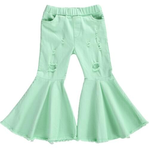 2-7Years Fashion Kids Girl Holes Flare Pants Elastic Waist Ripped Ruffles Bell-Bottoms Trousers Children Baby Girl Pants Solid