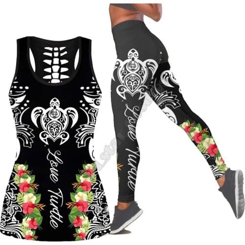 Sea turtle Polynesian 3D Printed Hollow Out Tank Legging Suit sexy Yoga Fitness Soft Legging Summer Women For Girl 22