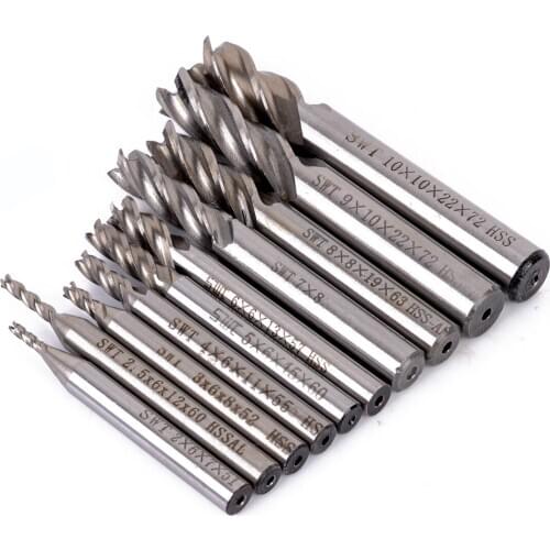 10pcs HSS End Mill Set 4 Flute Straight Shank Milling Cutter Router Bit CNC Tools 2/2.5/3/4/5/6/7/8/9mm