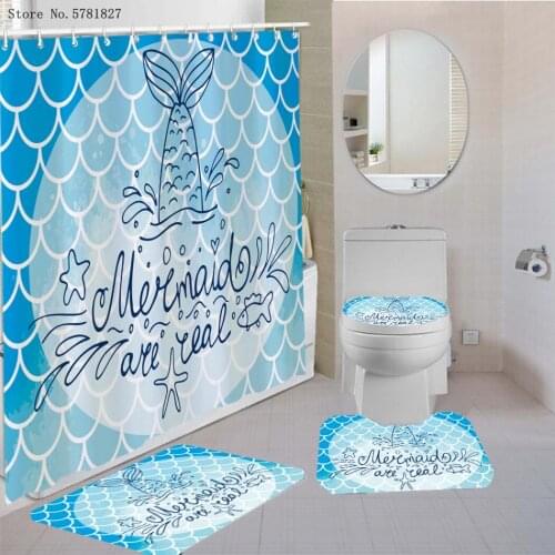3/4 Pieces Cartoon Of Mermaid Shower Curtain Set Fish Scales Carpet Pedestal Rug Lid Toilet Cover Bath Mat Rainbow Bathroom Set