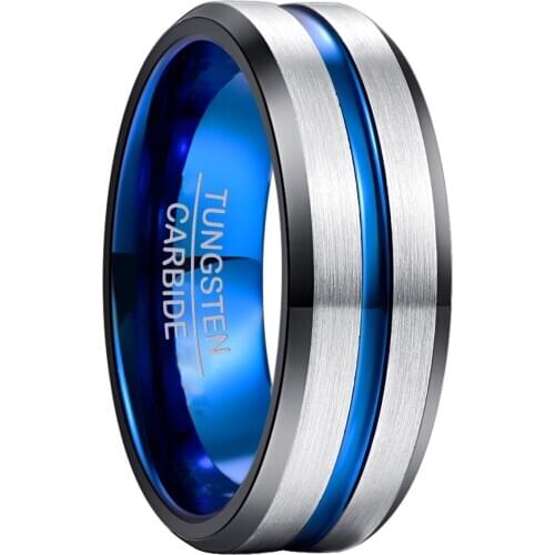 NUNCAD 8mm Width Tungsten Mens Ring Black Electroplated Inner Ring Bevel + Blue Groove / Steel Frosted Tungsten Steel Ring