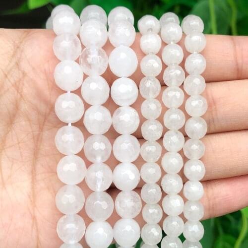 Natural Stone Faceted White Chalcedony Jades Round Loose Beads For Jewelry Making DIY Bracelet Necklace 15'' 4/6/8/10/12mm