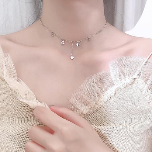 Silver Plated Heart-Shaped Tassel Necklace Fashion Simple Zircon Short Clavicle Necklace For Women Choker Collar
