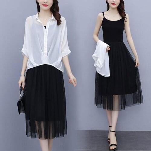 Plus Size Womens Fashion Thin Two Piece Mesh Dress Loose 2021 New Summer Sling Dress Shawl Shirt Suit Casual Wild Outfits zh906