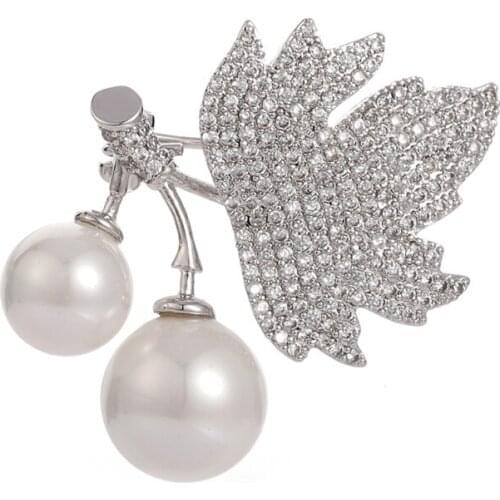 OI White Pearl with Leaves Brooches Collar Suit Lapel Pins Full Rhinestones Zircons Wedding Corsage Pins Jewelry Girls Clip Gift