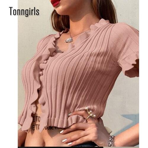 Tonngirls 2021 Short Sleeve Knitted Tee Shirt Women Vintage Ruffles Design Crop Tops Sexy V-neck Slim Single-breasted Streetwear