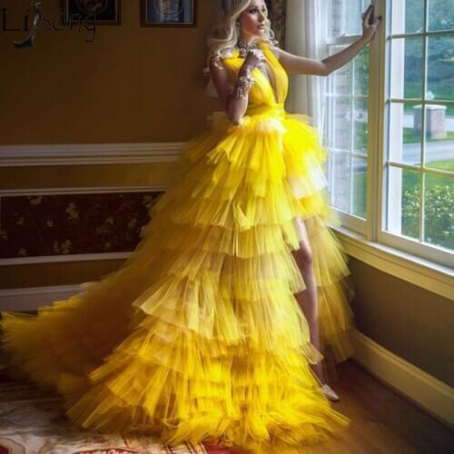 Amazing Yellow High Low Prom Dresses Puffy Tiered Tulle Deep V Neck Pageant Formal Dress Sweep Train Evening Party Gowns 2020