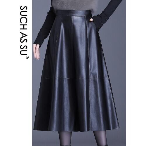 SUCH AS SU Pleated Black Leather Skirt Women High Waisted Pockets Leather Skirts Plus Size Clothing For Women Mid-Calf Skirt