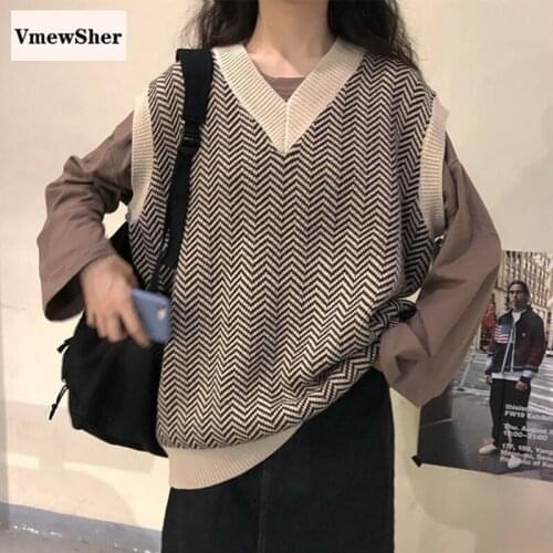 VmewSher New Autumn Women Sweater Vest Striped Sleeveless Knit Pullover V Neck Lady Elegant Loose Oversize Knitwear Jumper Top