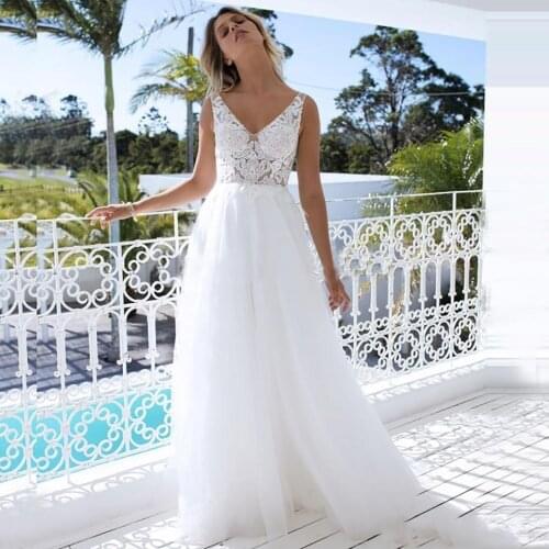Summer Cheap A-line Wedding Dress 2020 White Tulle Appliques robe de soirée de mariage High Quality V-Neck Sexy Backless Gown